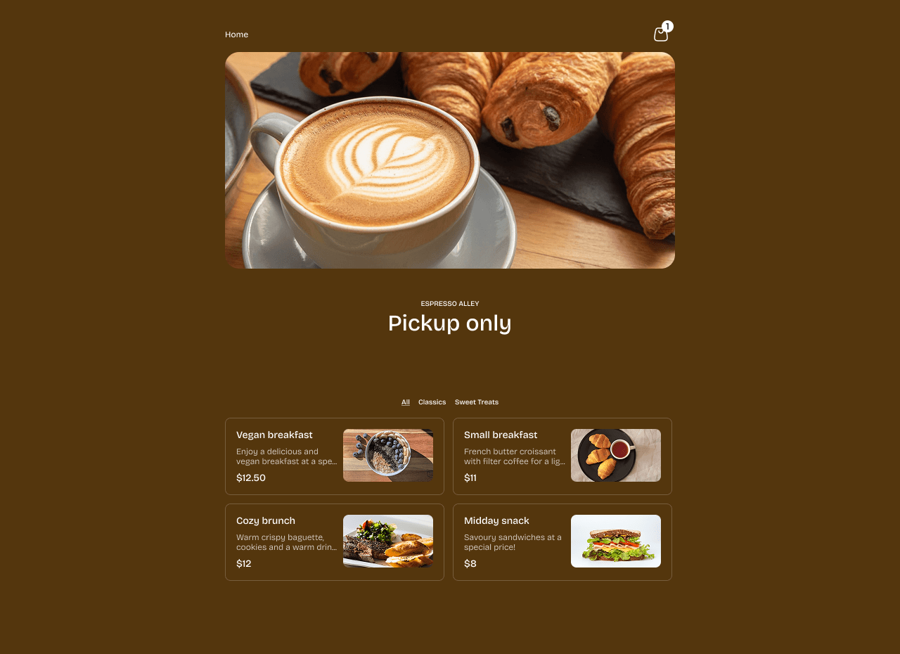 Professional cafe website example with online ordering - showcasing coffee, tea and cafe menu