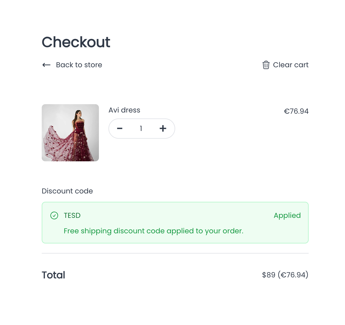 Store checkout with a discount code applied