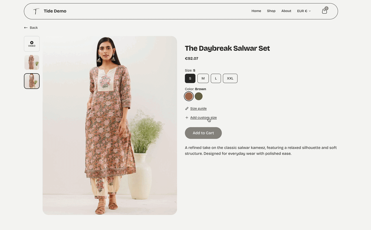 Product page demo of an online store showing product variants, color swatches, and a size guide.