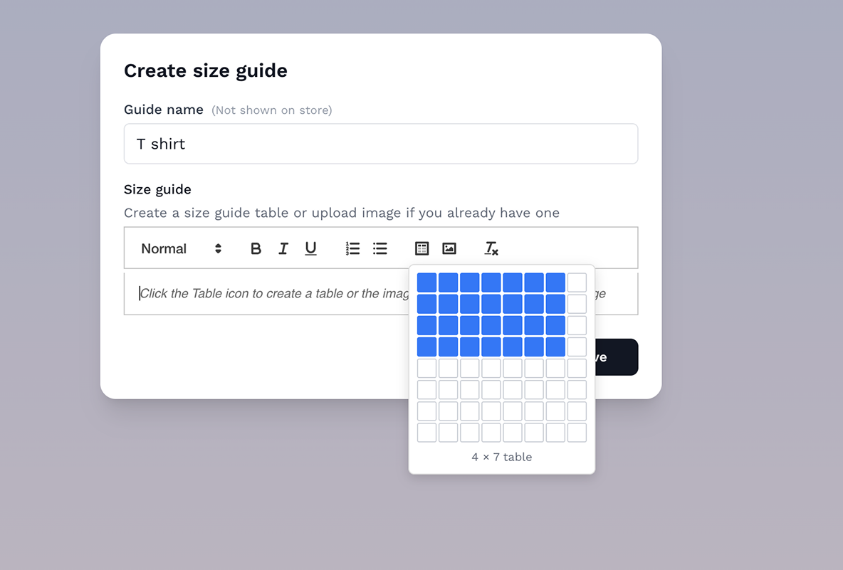 Size guide setting image